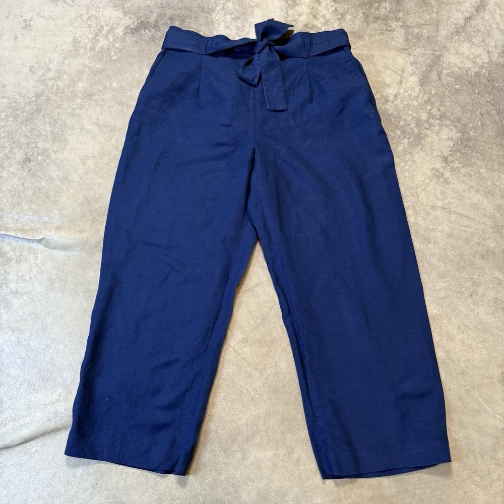 Ann Taylor Cargo Pants Womens Size Large Blue Belted Wide Leg Linen Blend